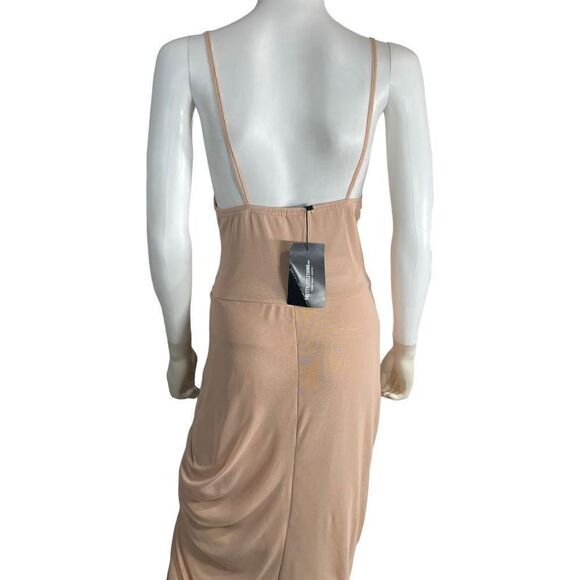 Pretty Little Thing Women’s 8 Nude Ruched Side Split Maternity MIDI Dress Mesh - Picture 7 of 10